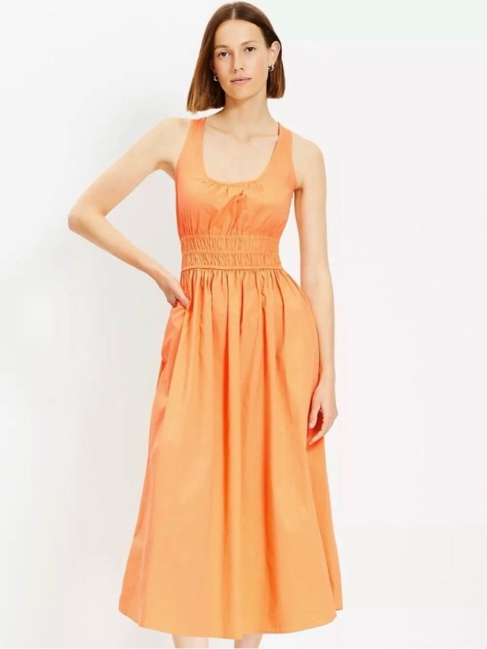 LOFT Cotton Smocked-Waist Midi Sundress In Tangerine Dreams Medium